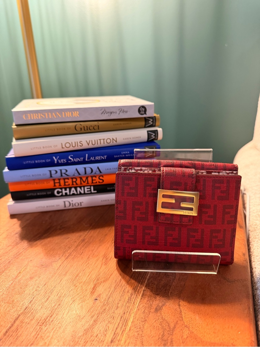Fendi Red Zucca Canvas Card Holder with Gold Logo Plaque